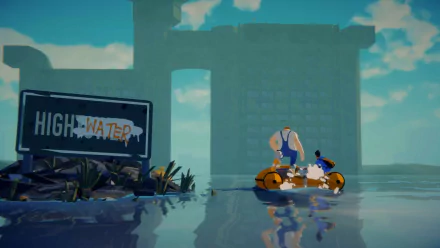 A vibrant HD desktop wallpaper from the video game Highwater, featuring a character navigating a flooded landscape on a makeshift raft, with a HIGHWATER sign in the foreground.