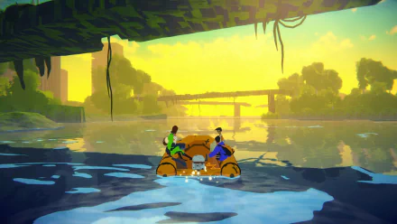 HD desktop wallpaper featuring characters from the video game Highwater navigating a boat through a sunlit, waterlogged cityscape.