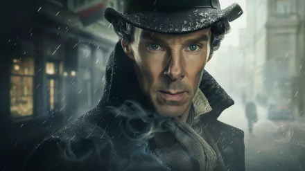 HD desktop wallpaper featuring fan art of a Sherlock Holmes character in a classic detective outfit, with a hazy London street in the background.