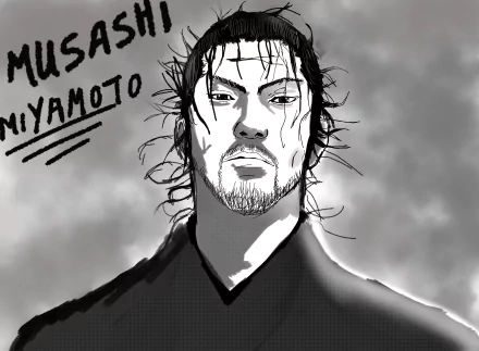 4K Ultra HD PC wallpaper featuring a detailed black-and-white illustration of Miyamoto Musashi from Vagabond, capturing his intense and determined expression.