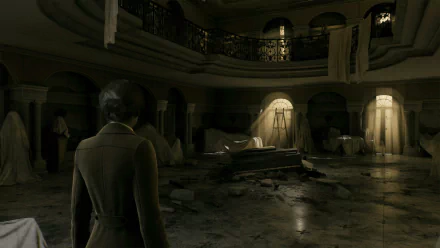 HD wallpaper featuring a moody scene from the video game 'Alone in the Dark (2024)' with a character exploring an eerie, dimly-lit mansion interior.