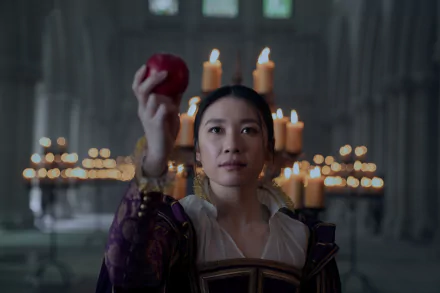 A scene from the TV show 3 Body Problem, featuring a woman holding an apple in a dimly lit setting surrounded by candles, serves as an engaging HD desktop wallpaper.