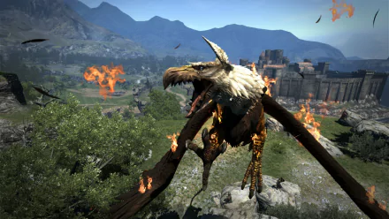 An intense scene from Dragon's Dogma 2 featuring a fiery dragon soaring over a dramatic landscape, creating a stunning HD desktop wallpaper and background.