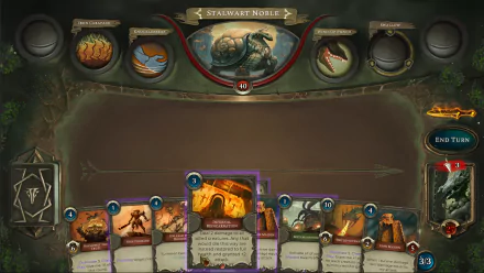 High-definition desktop wallpaper featuring a video game interface with Acolyte of the Altar card, showcasing a fantasy card game battle scene.