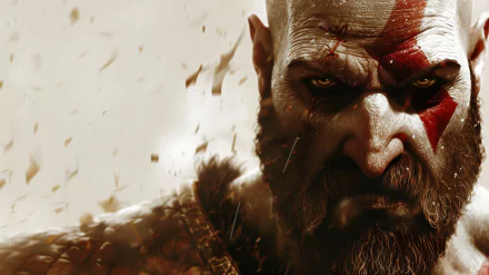 HD wallpaper featuring the close-up of the video game character Kratos from God of War, with a detailed depiction of his fierce expression and iconic red face paint.