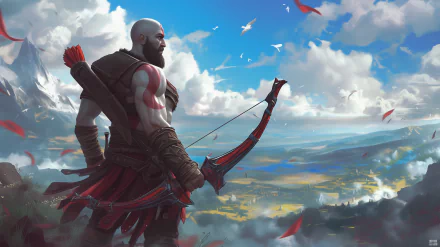 HD desktop wallpaper of Kratos from God of War, poised with a bow against a scenic backdrop.