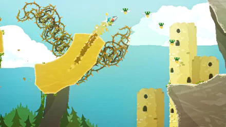 HD wallpaper featuring a scene from a video game with a character using a pepper grinder as a weapon against enemies, set against whimsical cliff-side scenery.