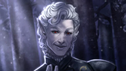 HD wallpaper of Astarion from Baldur's Gate 3, showcasing the character in a mysterious forest backdrop with glowing red eyes.