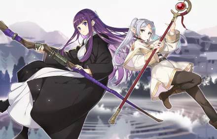 Anime-style HD PC desktop wallpaper featuring Fern and Frieren from Frieren: Beyond Journey's End, each poised with their respective magical staffs against a blurred city backdrop.