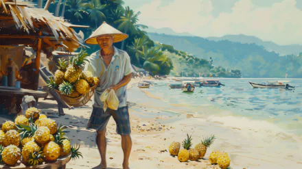 Tropical beach scene with person selling pineapples on a sunny day, perfect for an HD desktop wallpaper and background.