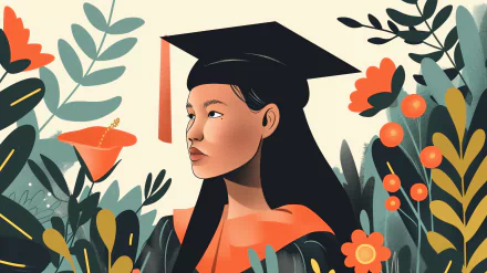 A woman in a graduation cap and gown stands amidst vibrant flowers, symbolizing achievement and new beginnings in this HD desktop wallpaper.