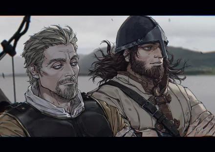 HD anime wallpaper of Askeladd and Bjorn from Vinland Saga, poised against a muted landscape background.
