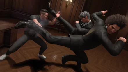 HD wallpaper of an action scene from Like a Dragon: Infinite Wealth video game featuring characters engaged in a dynamic fight.