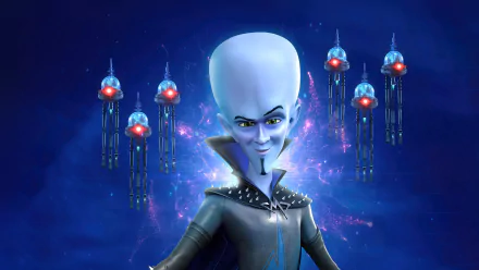 HD Wallpaper of Megamind from 'Megamind vs. The Doom Syndicate' with a dynamic blue background and futuristic cityscape.