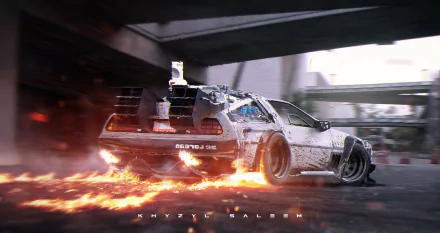 A dynamic HD wallpaper featuring the iconic DeLorean vehicle from Back to the Future, surrounded by flames, showcasing a thrilling scene from the classic movie.