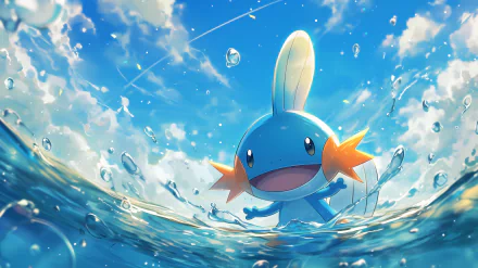 A vibrant HD wallpaper featuring Mudkip from Pokémon, playfully splashing in water under a bright blue sky, capturing the essence of the beloved anime character.