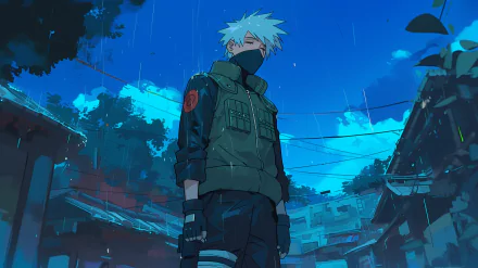 HD Anime Wallpaper featuring Kakashi Hatake from Naruto standing in the rain.
