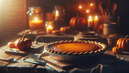 A beautifully arranged scene featuring a pumpkin pie surrounded by autumn decor, candles, and small pumpkins, creating a warm and inviting atmosphere for a HD desktop wallpaper.