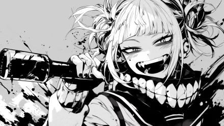 High-definition wallpaper featuring Himiko Toga from My Hero Academia, showcasing her playful yet menacing expression in a striking black-and-white manga style.