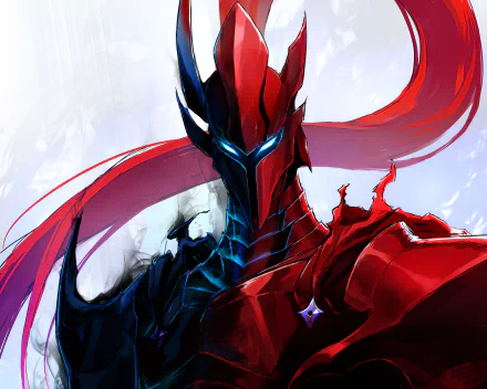HD anime wallpaper featuring Igris from Solo Leveling in striking red and black armor with glowing blue eyes and flowing red accents.