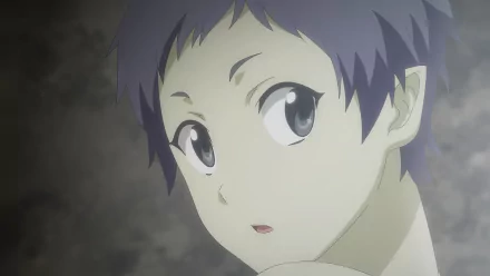 HD wallpaper of an anime character from Re:Monster with large expressive eyes and short blue hair, against a muted background.