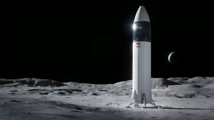 HD wallpaper of SpaceX's Starship HLS on the lunar surface with Earth in the background, symbolizing space exploration.