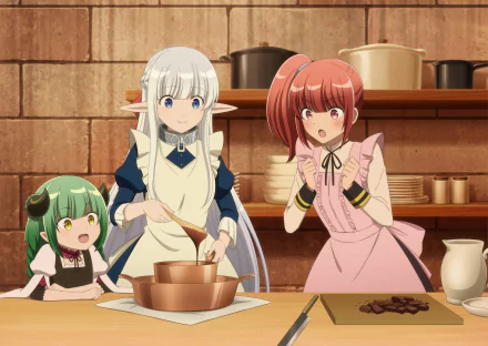 HD anime wallpaper featuring characters from 'An Archdemon's Dilemma: How to Love Your Elf Bride' engaging in a cooking scene.