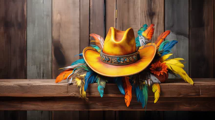 HD desktop wallpaper featuring a colorful cowboy hat with feather decorations against a wooden backdrop.
