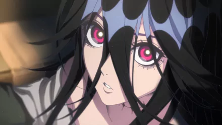 HD wallpaper featuring a close-up of a character from the anime Go! Go! Loser Ranger! with striking pink eyes and dark hair.