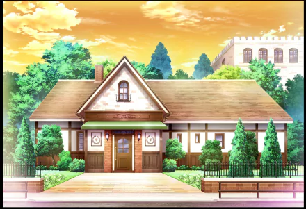 A picturesque anime-inspired scene from Vampire Dormitory, featuring a charming house surrounded by lush greenery, set against a vibrant sunset sky. HD desktop wallpaper.