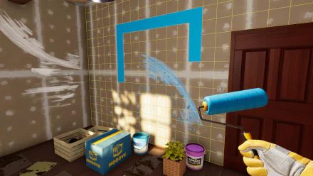 HD wallpaper featuring an in-game screenshot of House Flipper 2, showcasing a room renovation with a virtual paint roller applying a new blue color on a wall, beside various paint cans and renovation tools.