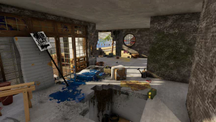 A detailed HD wallpaper from House Flipper 2, showcasing a partially renovated interior with splashes of paint, scattered debris, and a glimpse of outdoor scenery through large windows.