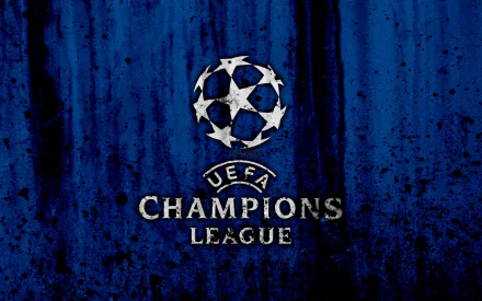 UEFA Champions League logo on a blue textured background, HD desktop wallpaper.