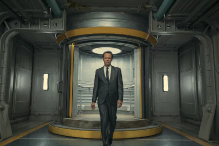 HD wallpaper of a man in a suit standing confidently inside a futuristic vault-like corridor, implying a setting related to the Fallout TV series.