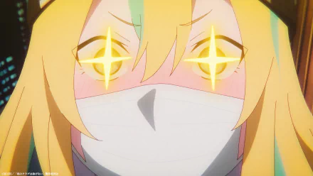 Close-up HD anime wallpaper featuring a character with glowing yellow eyes and asterisk-like pupils, blonde hair, and a face mask, evocative of the theme Jellyfish Can’t Swim in the Night.