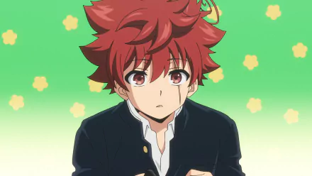 Anime HD desktop wallpaper featuring Taiyo Asano from Mission: Yozakura Family with a green background and yellow floral accents.