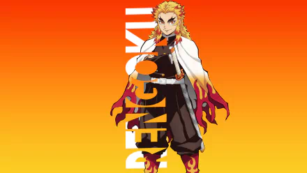 HD PC desktop wallpaper featuring Kyojuro Rengoku from Demon Slayer: Kimetsu no Yaiba, anime styled by ufotable with vibrant orange and yellow gradient background.