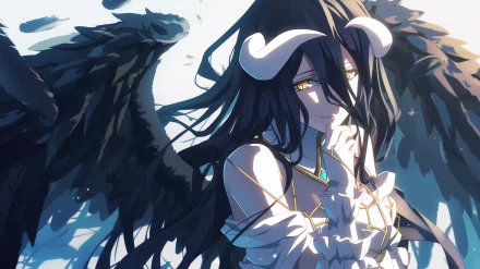 HD desktop wallpaper featuring the anime character Albedo from Overlord, depicted with her distinctive black wings and horns, a contemplative expression on her face against a light blue background.