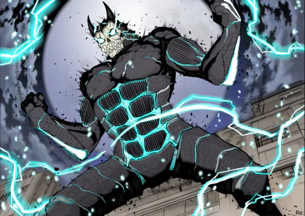 HD wallpaper featuring Kafka Hibino from the anime Kaiju No. 8, in his kaiju form with crackling blue energy surrounding him, with a cityscape in the background.