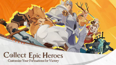 HD desktop wallpaper for the video game AFK Journey featuring epic heroes in battle formation with stylized artwork and the tagline Collect Epic Heroes - Customize Your Formations for Victory.