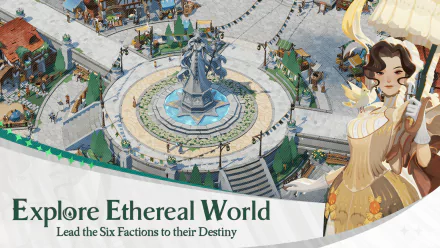 HD desktop wallpaper from the video game AFK Journey, featuring a vibrant fantasy world and a character guiding six factions to their destiny.