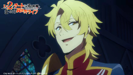 HD desktop wallpaper featuring an anime character with blonde hair from Chillin' in Another World with Level 2 Super Cheat Powers, smiling in a dimly lit room with a stained glass window in the background.