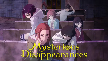 HD desktop wallpaper featuring anime characters, presumably Ren Adashino and Sumireko Ogawa, with concerned expressions, in a dimly-lit, eerie setting with the text Mysterious Disappearances prominently displayed.