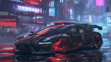 HD anime-style wallpaper featuring a sleek black sports car with neon highlights parked on a rainy cyberpunk city street, with a police car's flashing lights visible in the background.