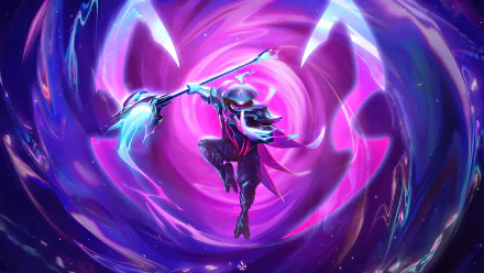 HD desktop wallpaper featuring Jax, a character from the video game League of Legends, wielding a lamp post, set against a vibrant purple and pink magical background.