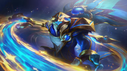 HD desktop wallpaper of Jax from League of Legends, wielding a glowing lamppost as a weapon amidst dynamic energy swirls.
