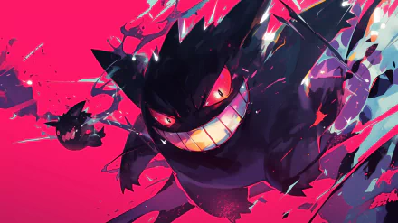 An HD desktop wallpaper featuring the Pokémon Gengar, with a dynamic, stylized depiction on a vibrant pink background.