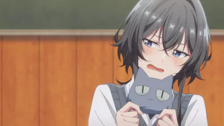 HD Anime wallpaper of a character from Whisper Me a Love Song holding a plush cat with a troubled expression, set against a soft-focus background of a wooden panel.