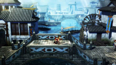 HD wallpaper of a scene from the video game Eiyuden Chronicle: Hundred Heroes, depicting characters standing on a bridge with traditional architecture and a waterwheel in the background.