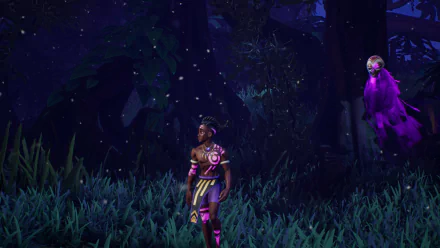 HD desktop wallpaper from the video game Tales Of Kenzera: Zau, featuring a character in armor standing in a forest with tall grass at night, with a mystical purple figure floating in the background.